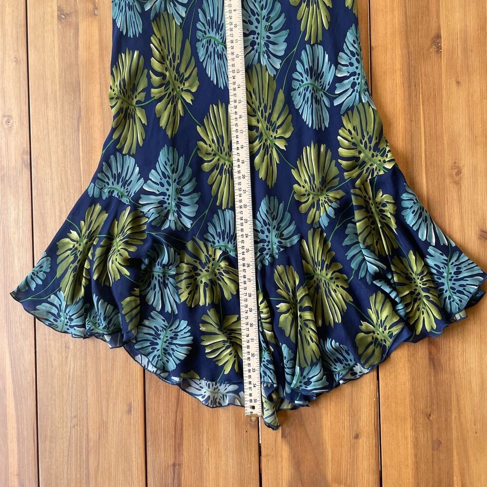 VTG PIANO 100% Silk Skirt L Navy Blue Green Tropical Leaf Print Flowy Midi Boho - Picture 5 of 5